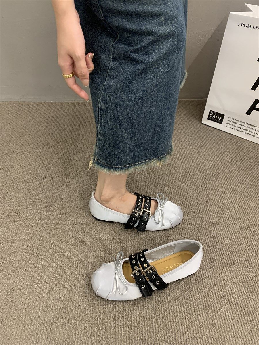 플랫 메리 제인 신발 여성 신발 2024 봄과 가을 새로운 새틴 라운드 발가락 활 얕은 입 프랑스 발레 신발