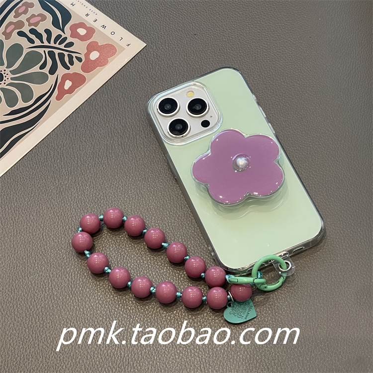 春日小清新薄荷绿少女花朵黑加仑支架手机壳iphone15pro光面16糖果保护套14promax防摔12/13pm链条串珠