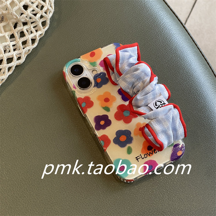 夏季ins彩色花朵格子大肠发圈弹性腕带适用iphone16promax苹果15手机壳17新款14Pro个性15promax手拎手提