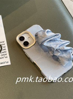 春夏渲染蓝色褶皱丝巾腕带适用于iphone15promax手机壳16promax保护套13promax手提12女款11夏天14pro个性