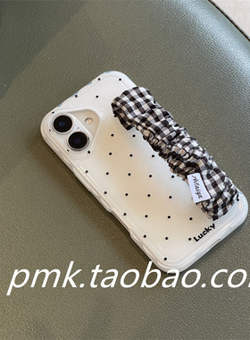 小香风气质白色波点格子弹力腕带适用iphone16promax苹果15手机壳13新款14Pro手提15promax便捷手腕带
