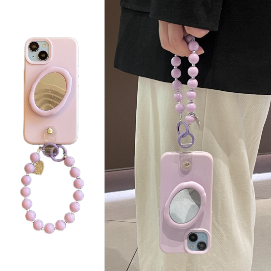 小众温柔淡紫色椭圆镜子支架适用16promax苹果13手机壳iphone15串珠链条12pro磨砂14plus防摔软壳11保护套女