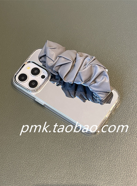 冷淡风灰色皮质灰褶皱丝巾腕带适用于苹果16pro手拎手机壳iphone15promax补妆镜面14/12简约13pro防摔11女XS