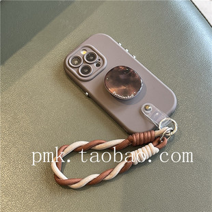 简约复古琥珀棕支架16pro适用苹果15promax手提腕带绳手机壳14pro小众13咖色12软胶磨砂11全包防摔xs保护套