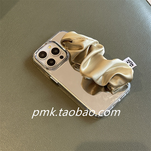 ins小众温暖芥末黄适用iPhone15promax镜面手机壳苹果13丝巾腕带补妆镜保护套12pro情侣11新品14设计款xs