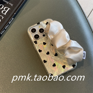 简约羽纱黑色爱心米黄丝巾腕带适用苹果16promax手机壳iphone15promax小清新14pro唯美13pm高级12手提手拎11