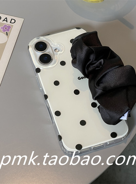简约光面黑色波点丝巾腕带弹力适用于苹果16promax手机壳iphone15promax时尚14promax百搭13promax手提手拎