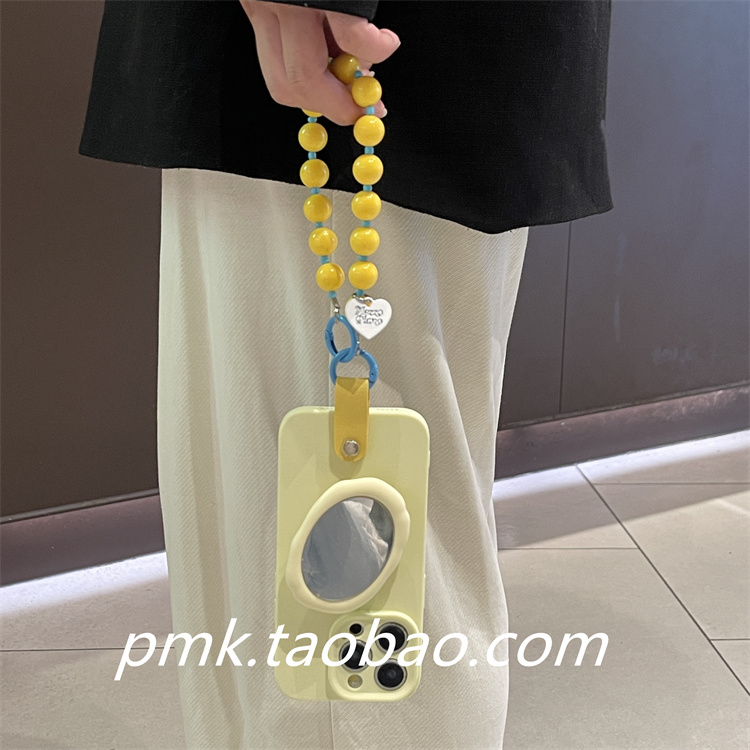 baby奶系ins简约奶黄椭圆镜子支架16promax适用苹果15pm手机壳iphone13pro手腕手链串珠15防摔12全包11软
