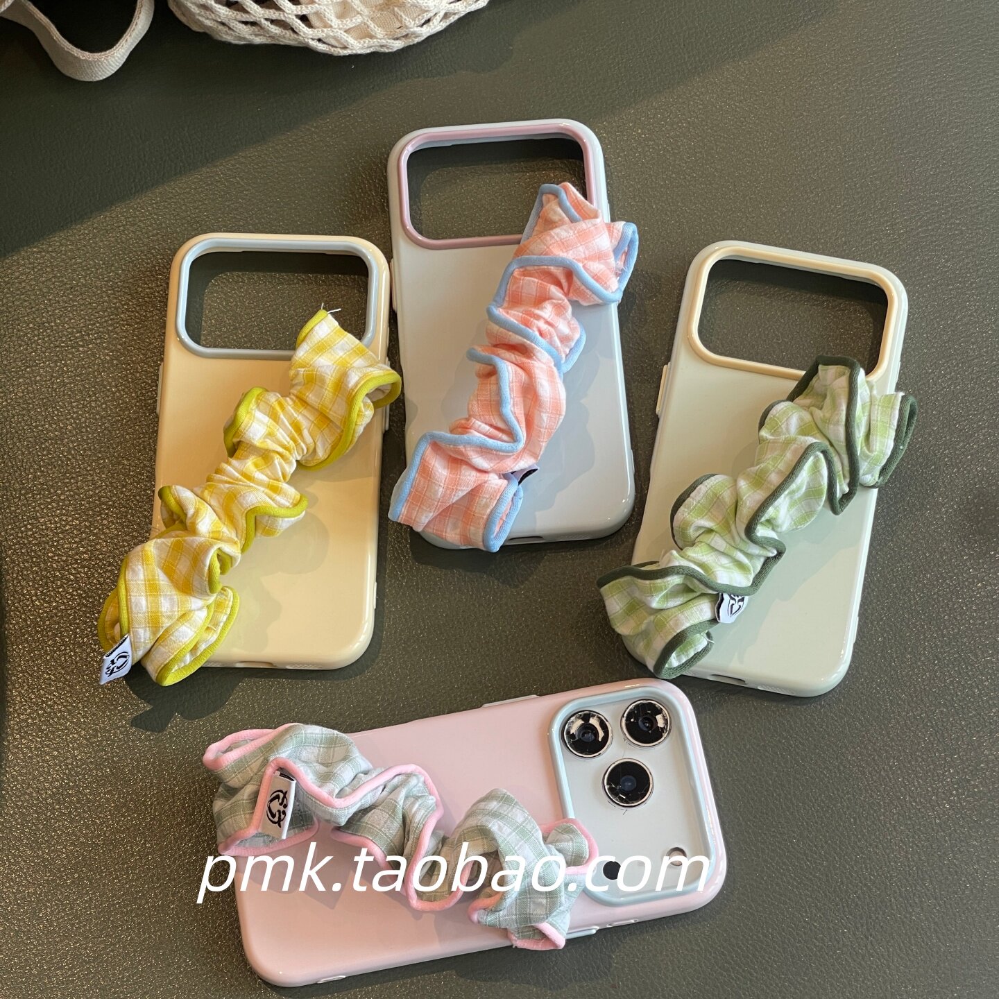 ins简约清爽彩色撞色格子大肠发圈弹性腕带适用iphone16promax苹果15手机壳17新款14个性14pro便捷手提手拎软