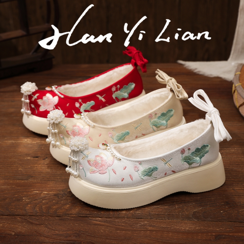 冬季汉服鞋子厚底加绒绣花鞋