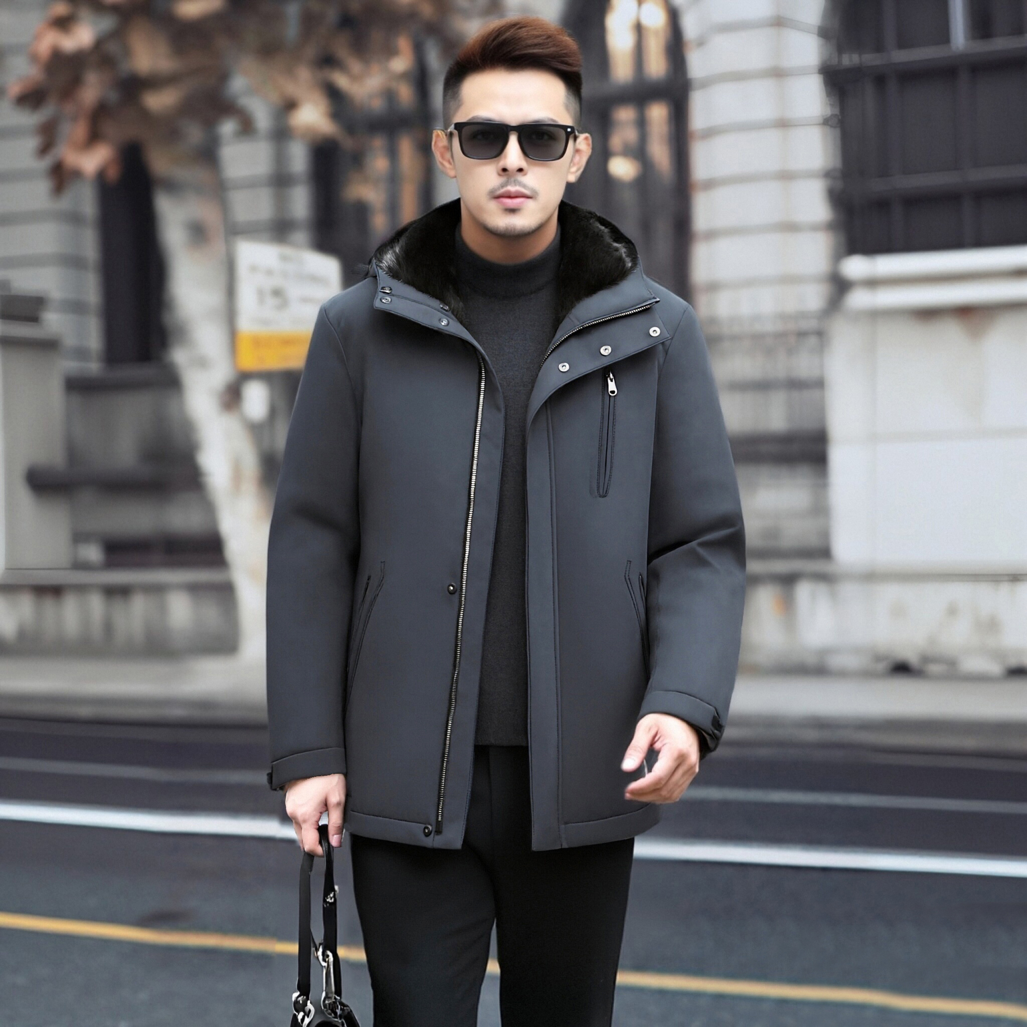 男士连帽派克服皮草进口水貂外套