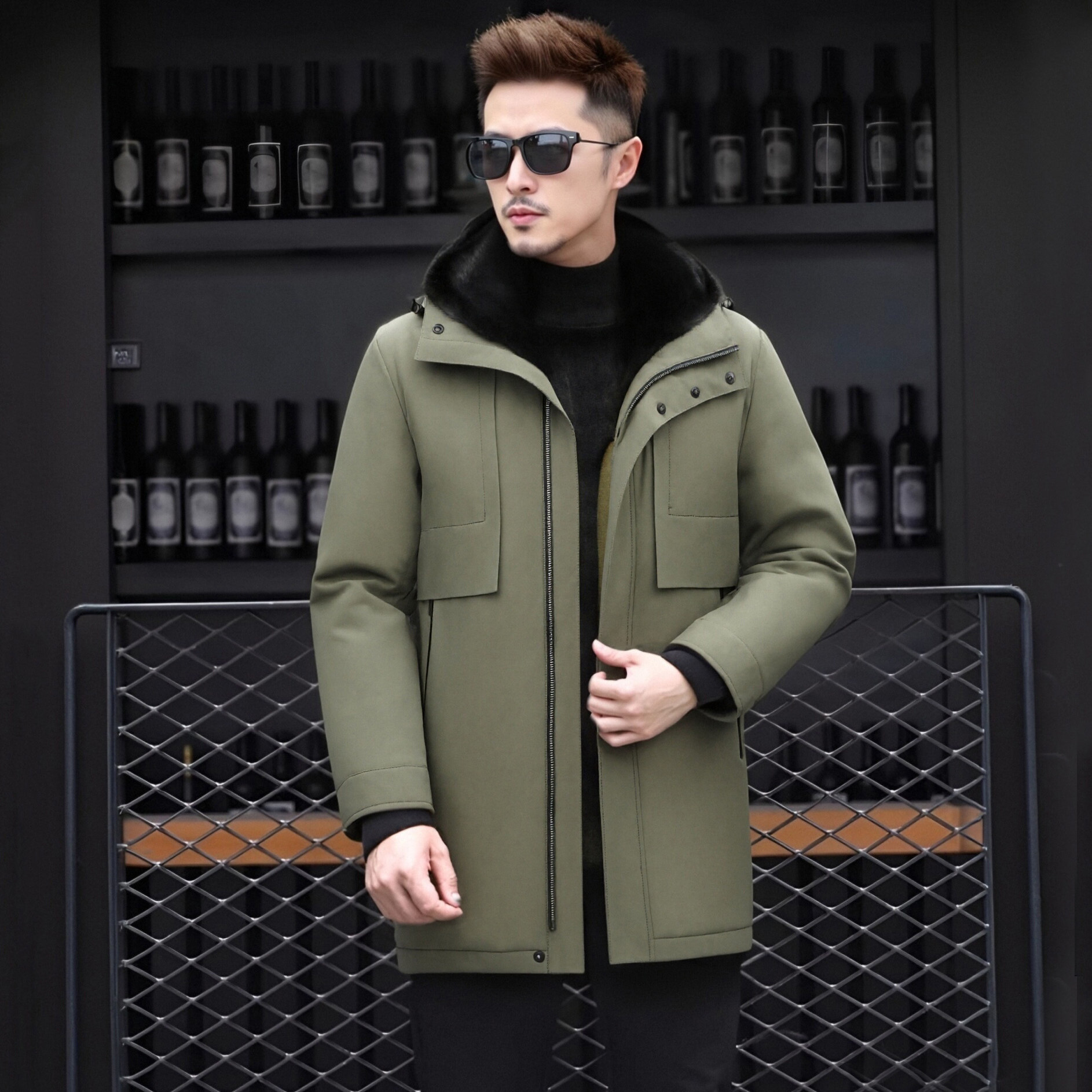 连帽皮草外套男毛领派克服冬季保暖皮毛一体水貂内胆中长拉链整貂