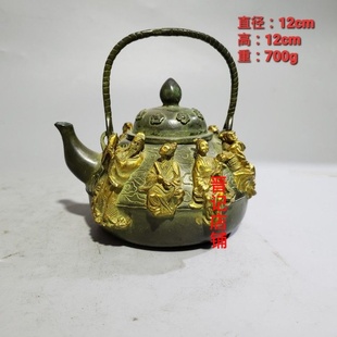 铜器古纯黄铜紫铜鎏金八仙过海酒壶茶壶家居茶道摆件