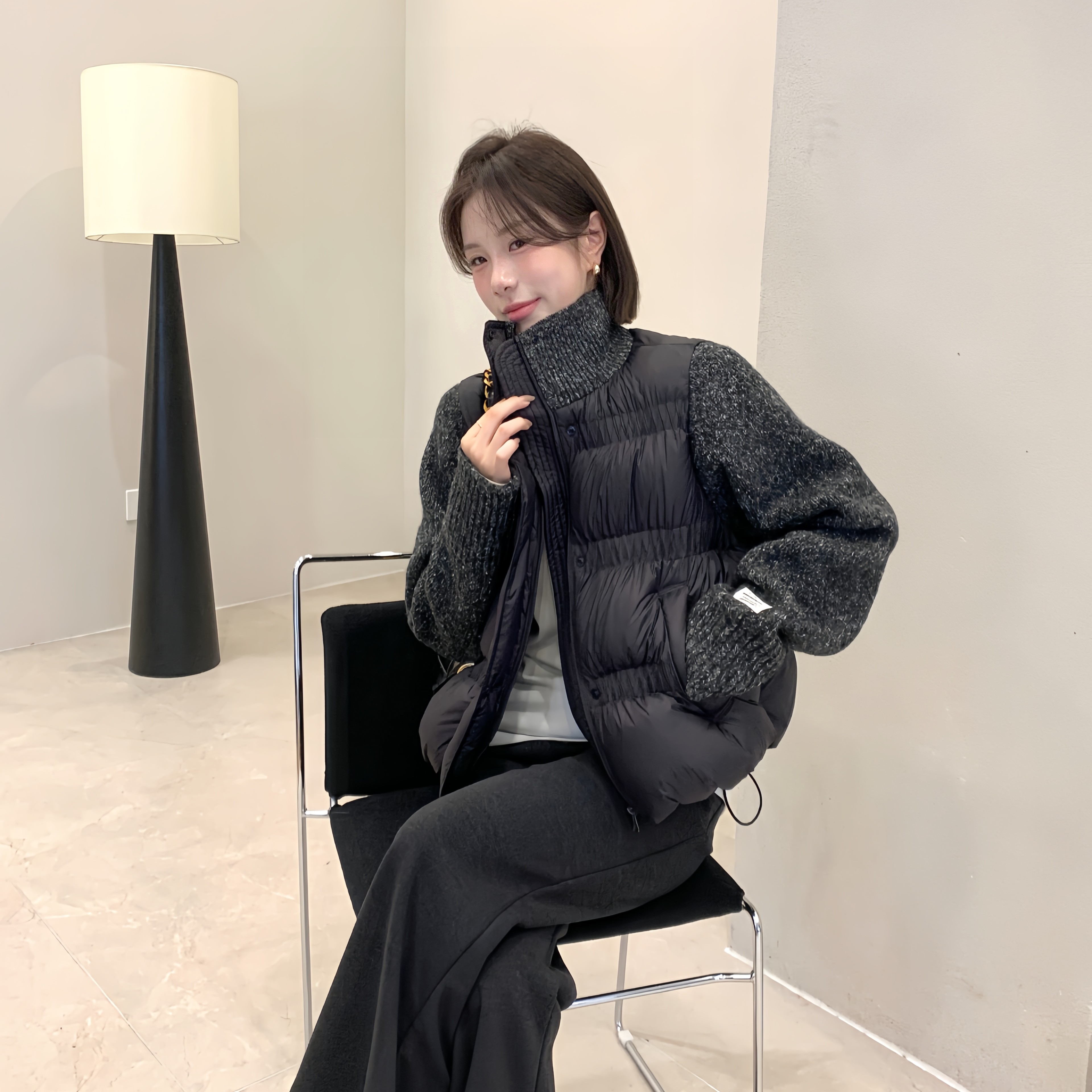 立领短款羽绒拼接针织外套