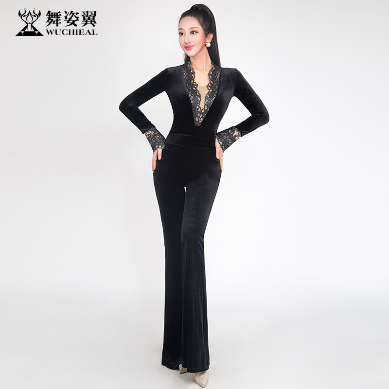 舞姿翼丝绒连体服V领长袖修身长袖套装舞蹈形体服专业比赛服
