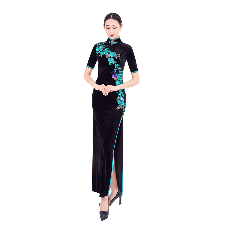 舞姿翼新款旗袍导师丝绒形体服