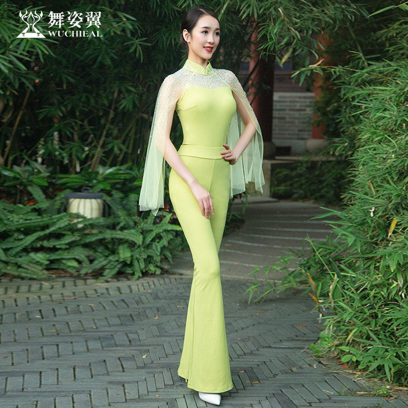 舞姿翼形体礼仪闪钻舞蹈服修身喇叭裤套装长裙练功服女装