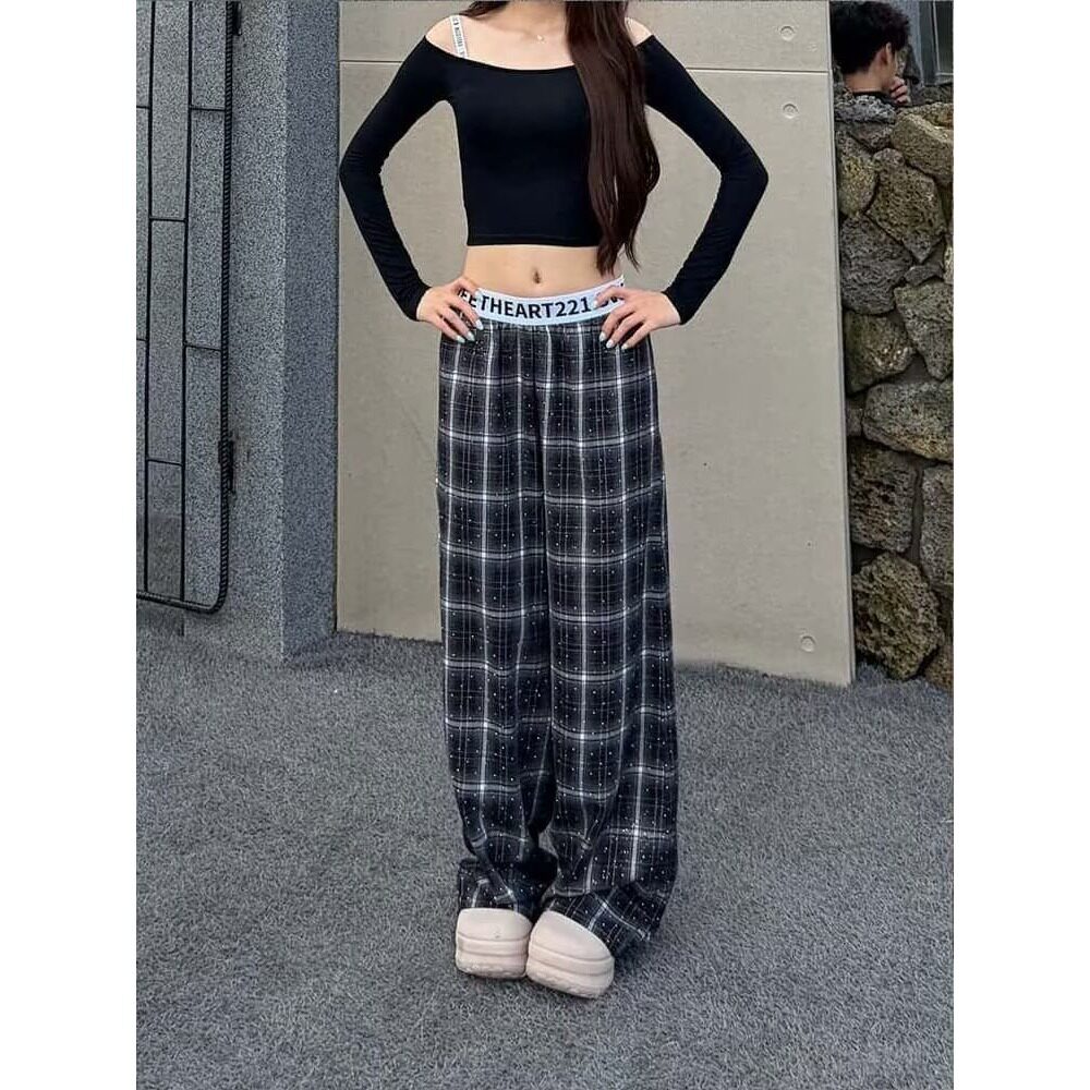 sweetheart221|“闪闪格子裤”爆闪烫钻低腰宽松阔腿薄款直筒休