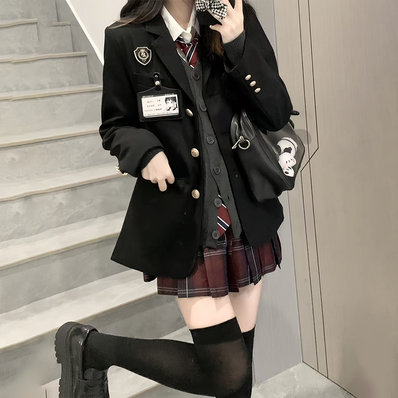 原创学院风jk制服格裙套装女秋冬款校供百褶短裙子开衫西服全套