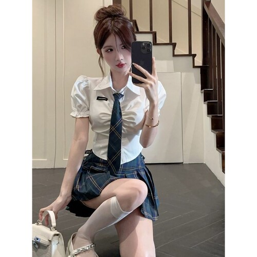 夏季新款学院风制服套装少女风格纹百褶裙花边衬衫半身裙两件套女