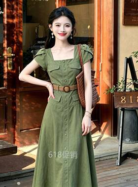 小八定制【冷萃盛夏】复古绿色彷牛仔洋装女夏收腰气质a字长裙