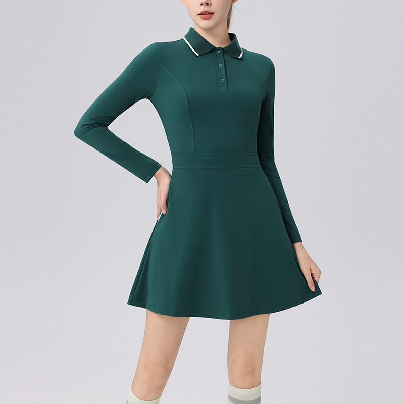 女式网球服长袖连衣裙polo罗纹领两侧口袋修身显瘦百搭连衣裙套装