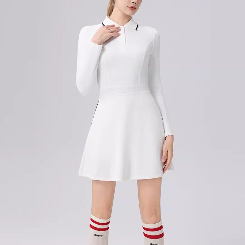 女式网球服长袖连衣裙polo罗纹领两侧口袋修身显瘦百搭连衣裙套装