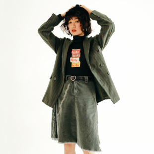 休闲饮料chill drink复古做旧设计斜襟拉链日系半身裙