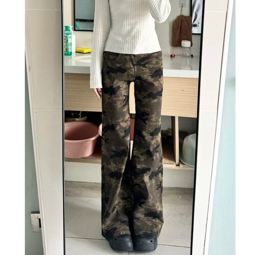 复古高街梨型身材牛仔裤女夏季2026新款迷彩色宽松阔腿裤子