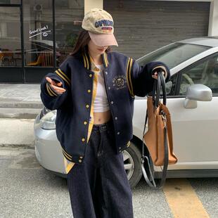 美式复古学院风棒球服外套女秋季宽松慵懒风中长款夹克上衣休闲