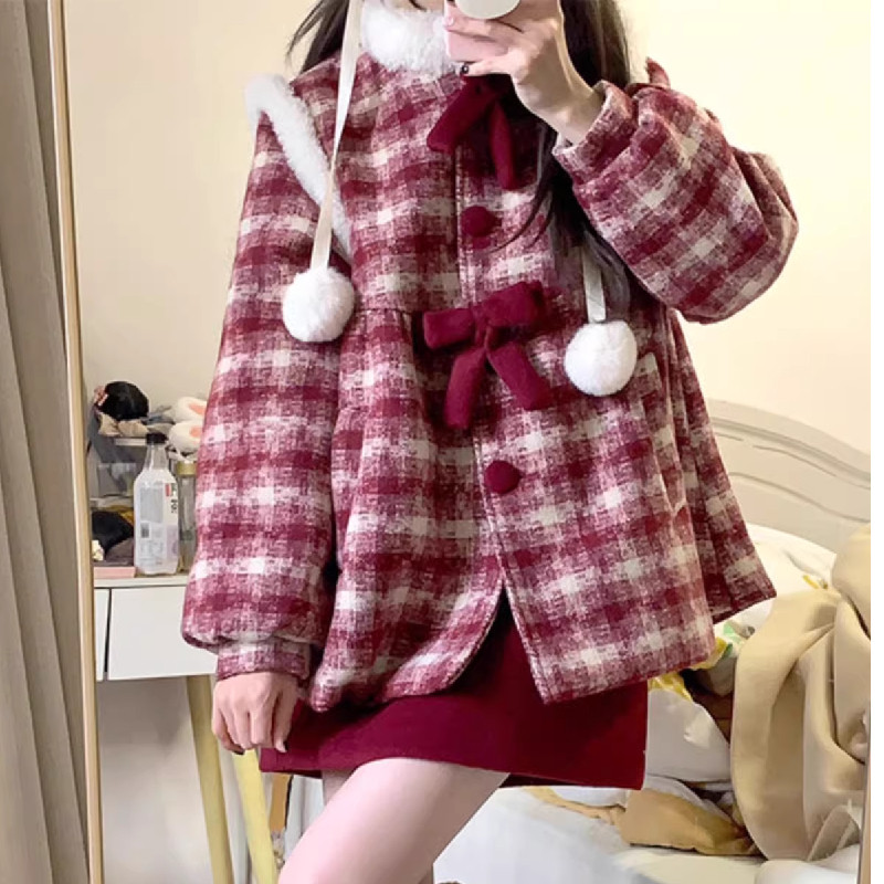 圣诞红色小香风套装女2025秋冬格子毛呢外套+a字半身裙气质两件套,女装/女士精品,时尚套装,淘宝优惠券,粉丝福利购,淘宝优惠卷