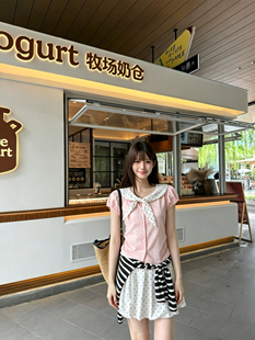 JIAYI韩系小众荷叶边下摆波点T恤女装夏季甜美风别致chic斜肩上衣