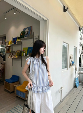 JIAYI蝴蝶结系带条纹衬衫无袖T恤女2026夏外穿背心设计感上衣