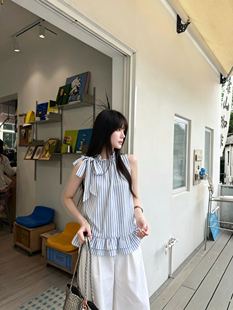 JIAYI蝴蝶结系带条纹衬衫无袖T恤女2026夏外穿背心设计感上衣