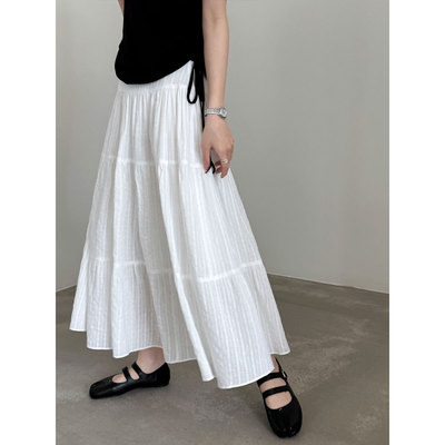 鹿西 春夏新款白色蛋糕裙高腰a字中长款蓬蓬裙小个子半身裙10023