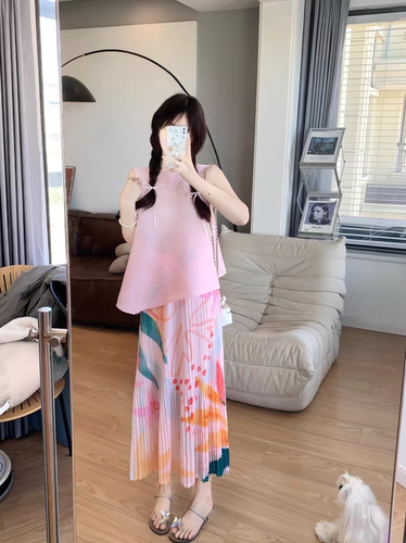 三宅风套装女夏季斜摆彩色背心上衣扎染A字半身裙一整套百搭