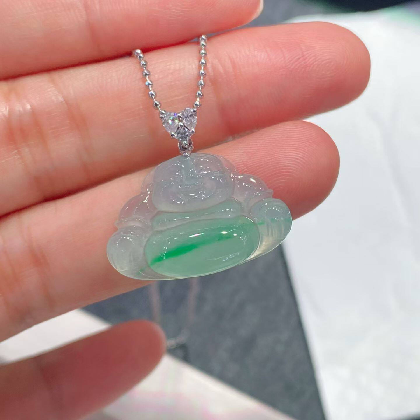 缅甸天然A货翡翠冰种金丝绿佛公缅甸翡翠