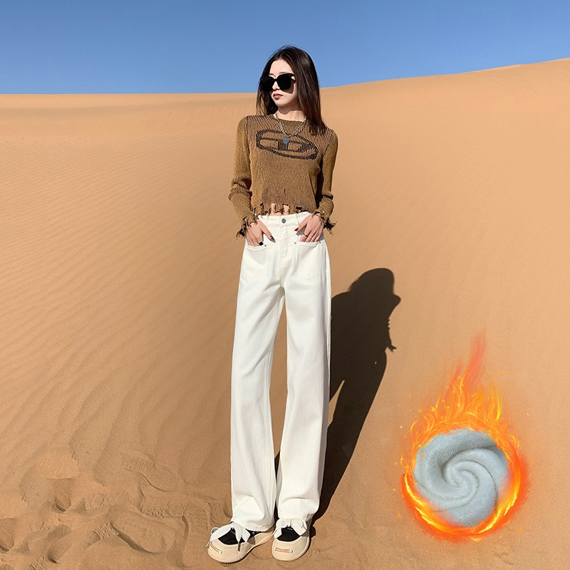 mali 玛莉&秋冬高腰米白常规/加绒直筒牛仔裤女宽松阔腿拖地裤子