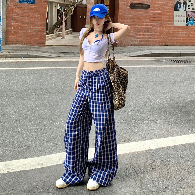 YP&复古美式辣妹格子宽松阔腿裤单排多扣慵懒垂感直筒休闲裤女