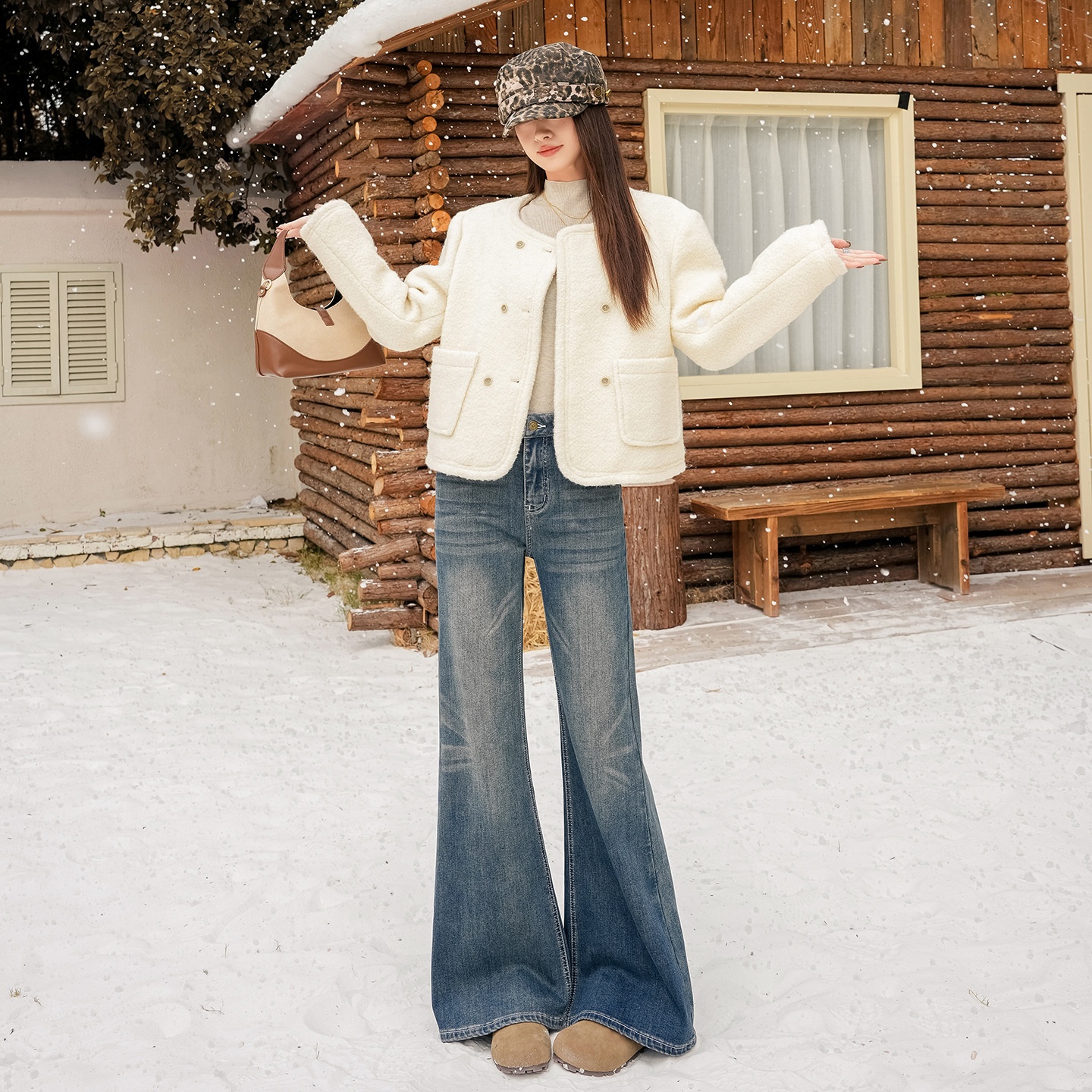 美式复古马骝微喇叭裤弹力高腰显瘦牛仔裤女长裤加长依春图案染色