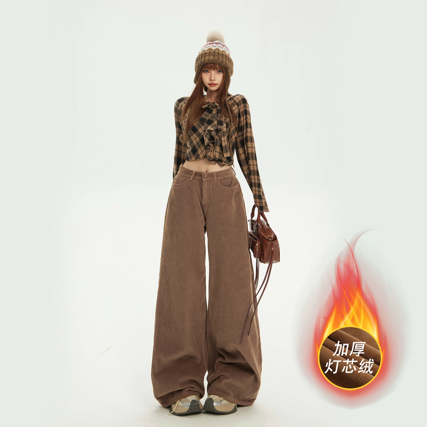 YC&美式复古高腰宽松阔腿裤百搭灯芯绒裤冬季加厚直筒休闲裤女
