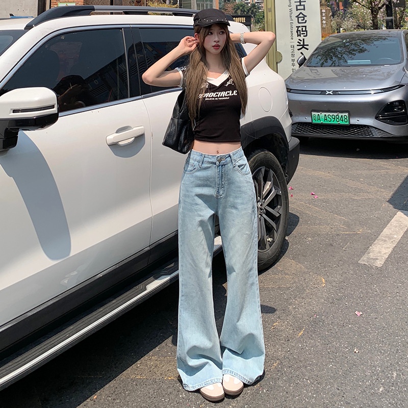 浅蓝色微喇牛仔裤女2025年春季新款高腰显瘦显高宽松马蹄裤