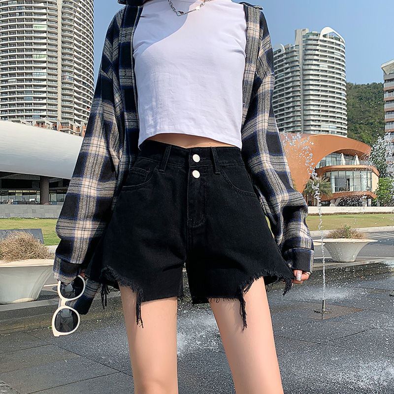 黑色牛仔短裤女夏2021新款高腰破洞显瘦潮ins宽松a字网红泫雅