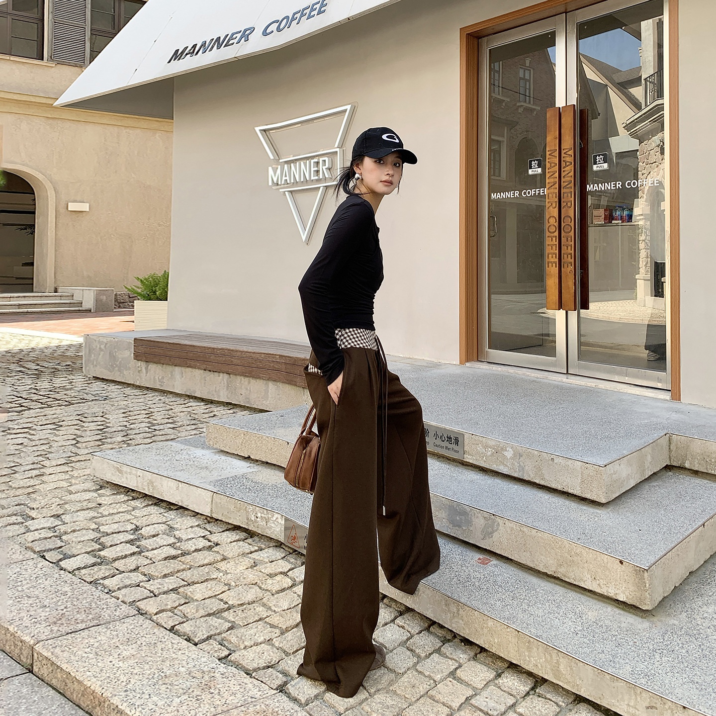 25秋冬季新款 美式复古撞色结构主义设计感高腰宽松阔腿休闲裤女