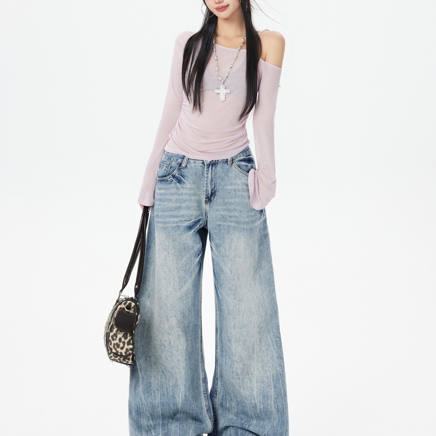 美式新款 重工水洗弯刀无弹低腰宽松阔腿牛仔裤女复古蓝长裤依春