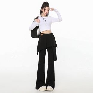 松紧高腰微喇叭休闲裤 薄款 宽松黑色显瘦垂感屁帘拖地长裤 女夏季