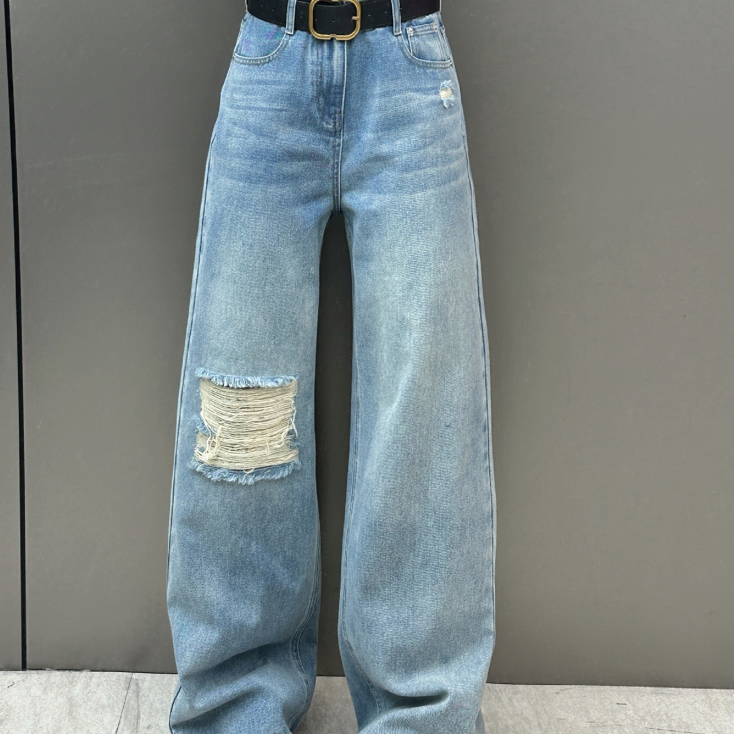 153小个子美式折痕破洞高街新款百搭高腰直筒垂感显瘦牛仔裤女