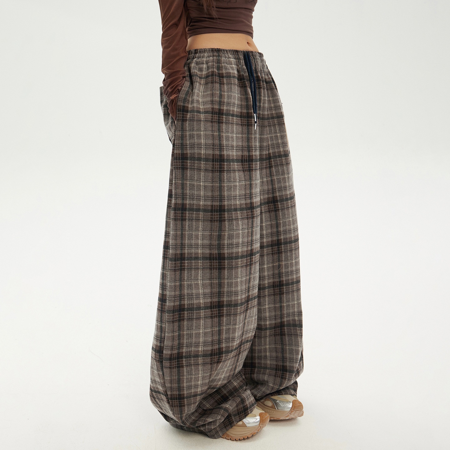 YC&美式复古宽松阔腿裤格子抽绳垂感弯刀裤秋冬百搭休闲裤女新款