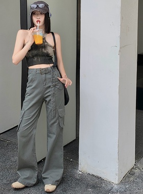 长裤/加长 Mike&灰色微喇工装牛仔裤女2025冬季腰带多口袋拖地裤