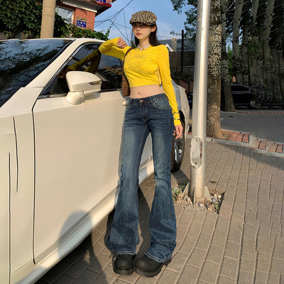 低腰微喇叭牛仔裤女2025年秋季新款美式复古弹力紧身显瘦喇叭